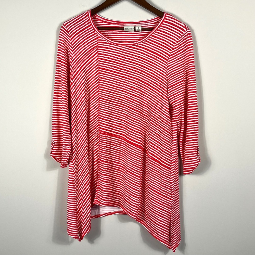 Zenergy by Chicos Red White Striped Sharkbite Tunic Top 3/4 Sleeve Womens Size 1